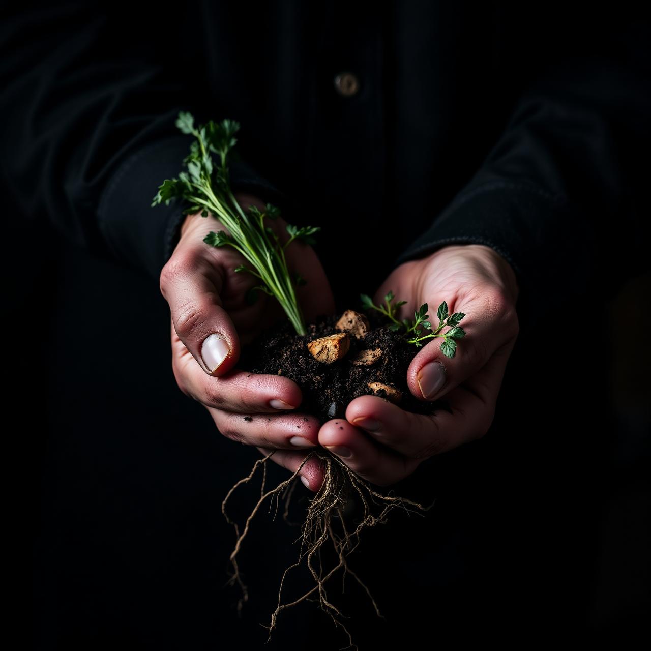 Hands holding fresh herbs and roots